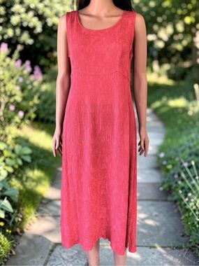 Vintage 90s Karin Stevens Coral Rayon Midi Dress Petite Textured Sleeveless 12P